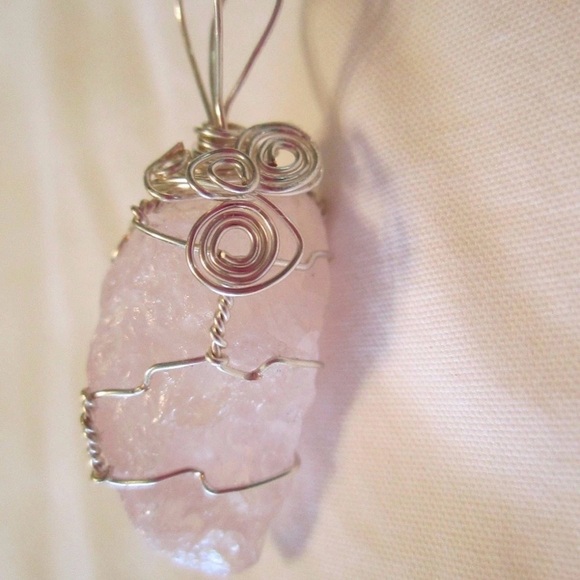 Rose Quartz silver wrapped raw crystal love Pendant Necklace - Picture 2 of 8